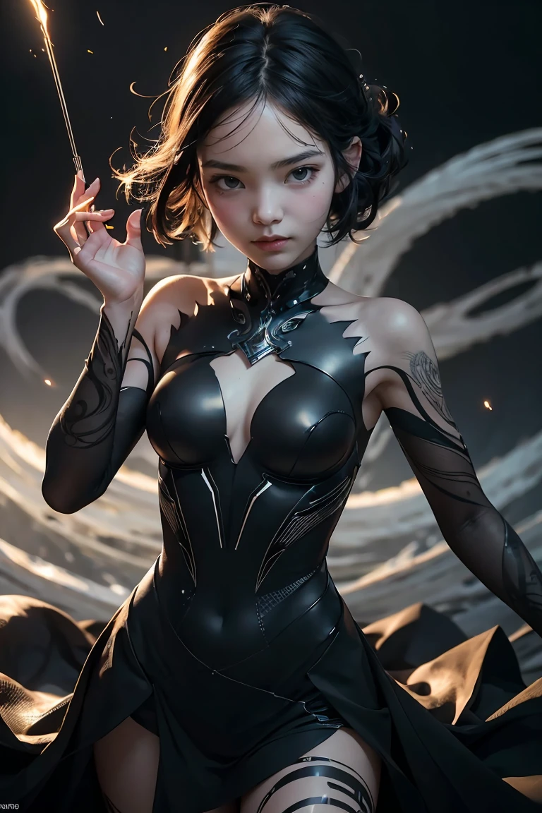 ((masterpiece, best quality)), ultra detailed 8k, photorealistic, sharp focus, highly detailed, professional lighting , shadowmancer, photo of a woman, ink particle, ((swirling black ink floating around)), futuristic fantasy, futuristic black dress, dynamic pose, realistic, masterpiece, intricate details, detailed background, depth of field,