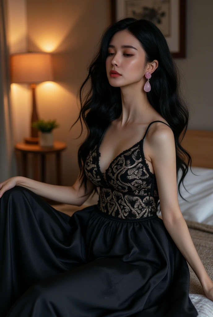 a woman wearing black silk oversize short dress with batic patern in the cozy bedroom