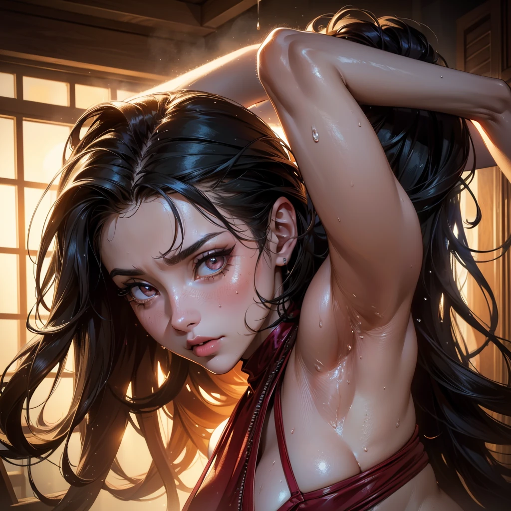 (8K, ultra high resolution, A masterpiece of the highest quality, professional detailed wallpaper, Ultimate Highly Detailed Everything, anime images, game cg),perfect human body、detailed face、　　　　(((dripping sweat、oil skin,sparkling skin、realistic skin texture、detailed beautiful skin、shiny skin、shiny skin)))    big , burst, There is a cleavage in the chest, gigantic breasts , Very perfect anatomy body parts, Very perfect、　　