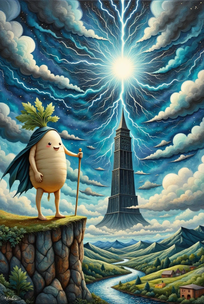  oil painting art , disaster々Shiny black tower ,  catches lightning and makes its silhouette emerge, Deep Valley ,  dark clouds can set in the sky ,  lightning falls many times from the dark clouds , (A long round daikon stands on top of a cliff with two legs, Daikon no Hero,  back view:1.45,  wearing a cloak , Holding a holy sword in a short hand , Looking at the tower)