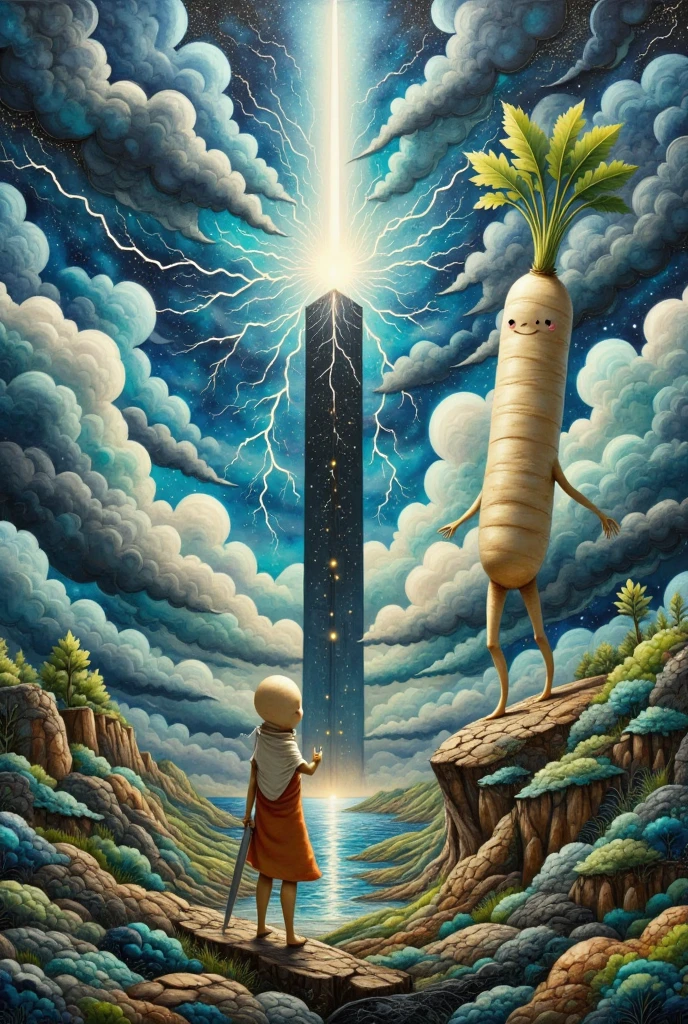  oil painting art , disaster々Shiny black tower ,  catches lightning and makes its silhouette emerge, Deep Valley ,  dark clouds can set in the sky ,  lightning falls many times from the dark clouds , (A long round daikon stands on top of a cliff with two legs, Daikon no Hero,  back view:1.45,  wearing a cloak , Holding a holy sword in a short hand , Looking at the tower)