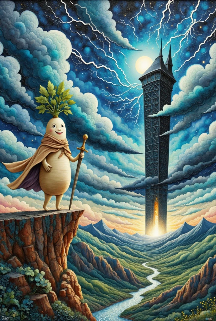  oil painting art , disaster々Shiny black tower ,  catches lightning and makes its silhouette emerge, Deep Valley ,  dark clouds can set in the sky ,  lightning falls many times from the dark clouds , (A long round daikon stands on top of a cliff with two legs, Daikon no Hero,  back view:1.45,  wearing a cloak , Holding a holy sword in a short hand , Looking at the tower)