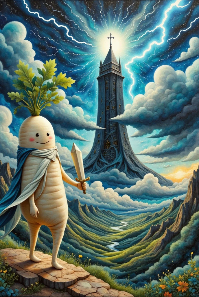  oil painting art , disaster々Shiny black tower ,  catches lightning and makes its silhouette emerge, Deep Valley ,  dark clouds can set in the sky ,  lightning falls many times from the dark clouds , (A long round daikon stands on top of a cliff with two legs, Daikon no Hero,  back view:1.45,  wearing a cloak , Holding a holy sword in a short hand , Looking at the tower)