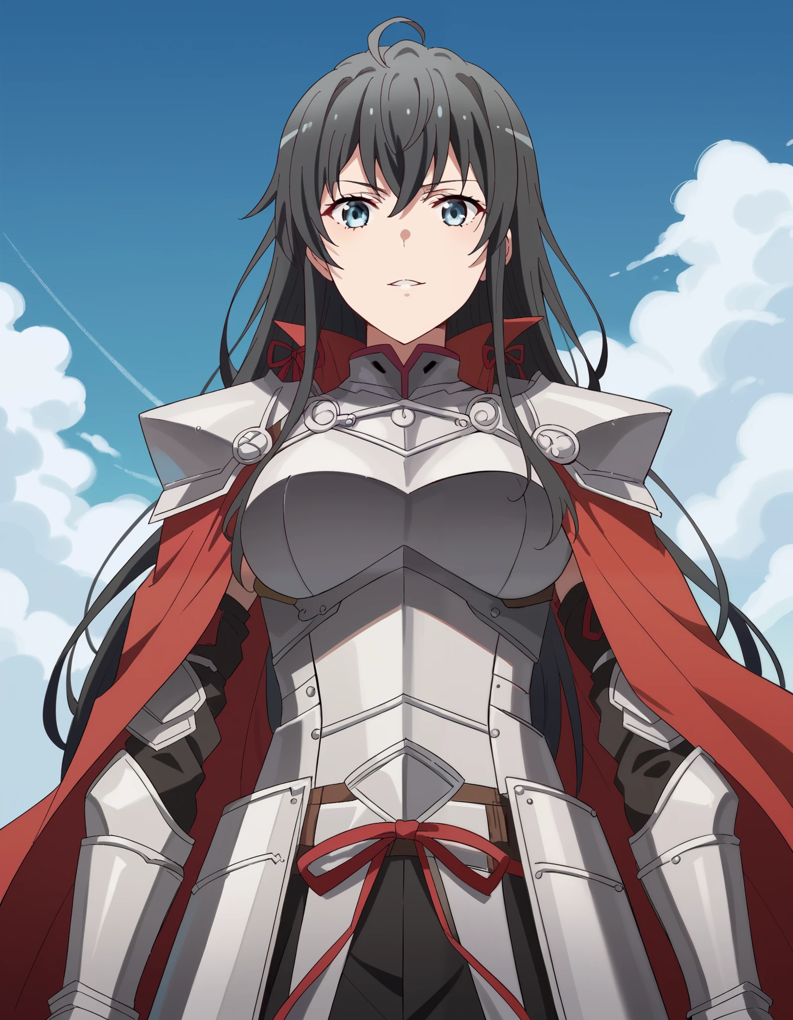 score_9, score_8_up, score_7_up, source_anime, yukino yukinoshita (Yukinoshita Yukino), yukino yukinoshita (Yukinoshita Yukino), long hair, , blue eyes, , ahoge, black hair, red ribbon, large breasts,, knight, armor, cape, , weapon, She reaches forward with a smile to help someone., shoulder armor, gauntlets, pauldrons, red cape,, blue sky, clouds, from below, parted lips, looking at viewer, badass