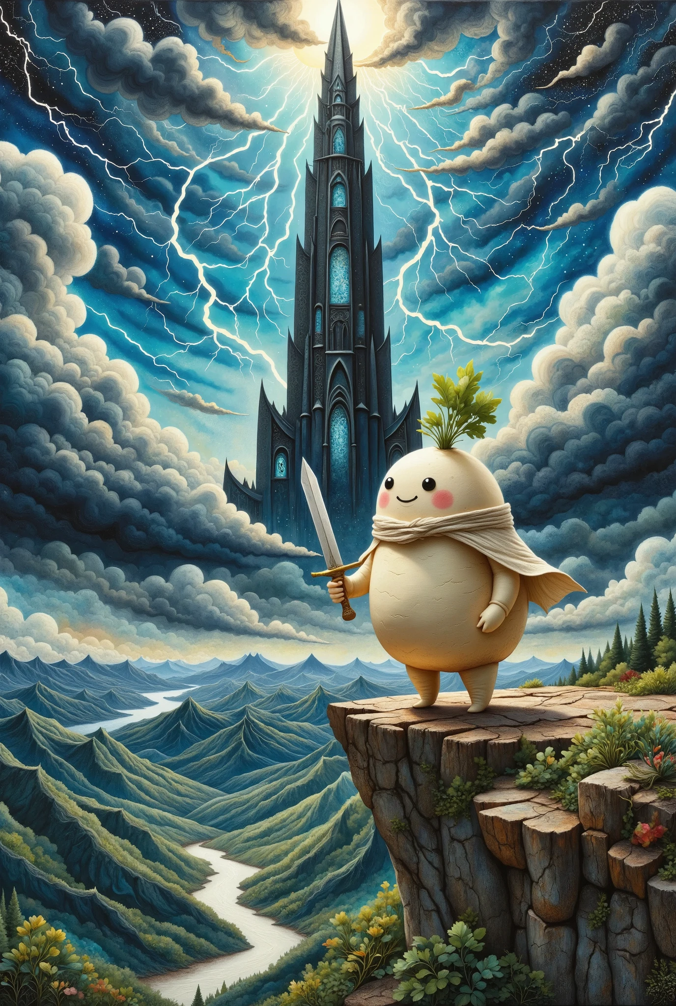 oil painting art , disaster々Shiny black tower , it catches lightning and makes the silhouette emerge, Deep Valley , dark clouds can set in the sky , lightning falls many times from the dark clouds , (A long round daikon stands on top of a cliff with two legs, Daikon no Hero, back view:1.45, wearing a cloak , Holding a holy sword in a short hand , Looking at the tower)
