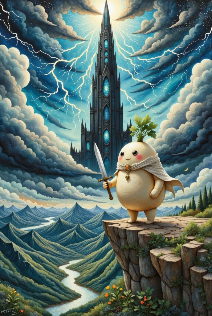  oil painting art , disaster々Shiny black tower ,  catches lightning and makes its silhouette emerge, Deep Valley ,  dark clouds can set in the sky ,  lightning falls many times from the dark clouds , (A long round daikon stands on top of a cliff with two legs, Daikon no Hero,  back view:1.45,  wearing a cloak , Holding a holy sword in a short hand , Looking at the tower)