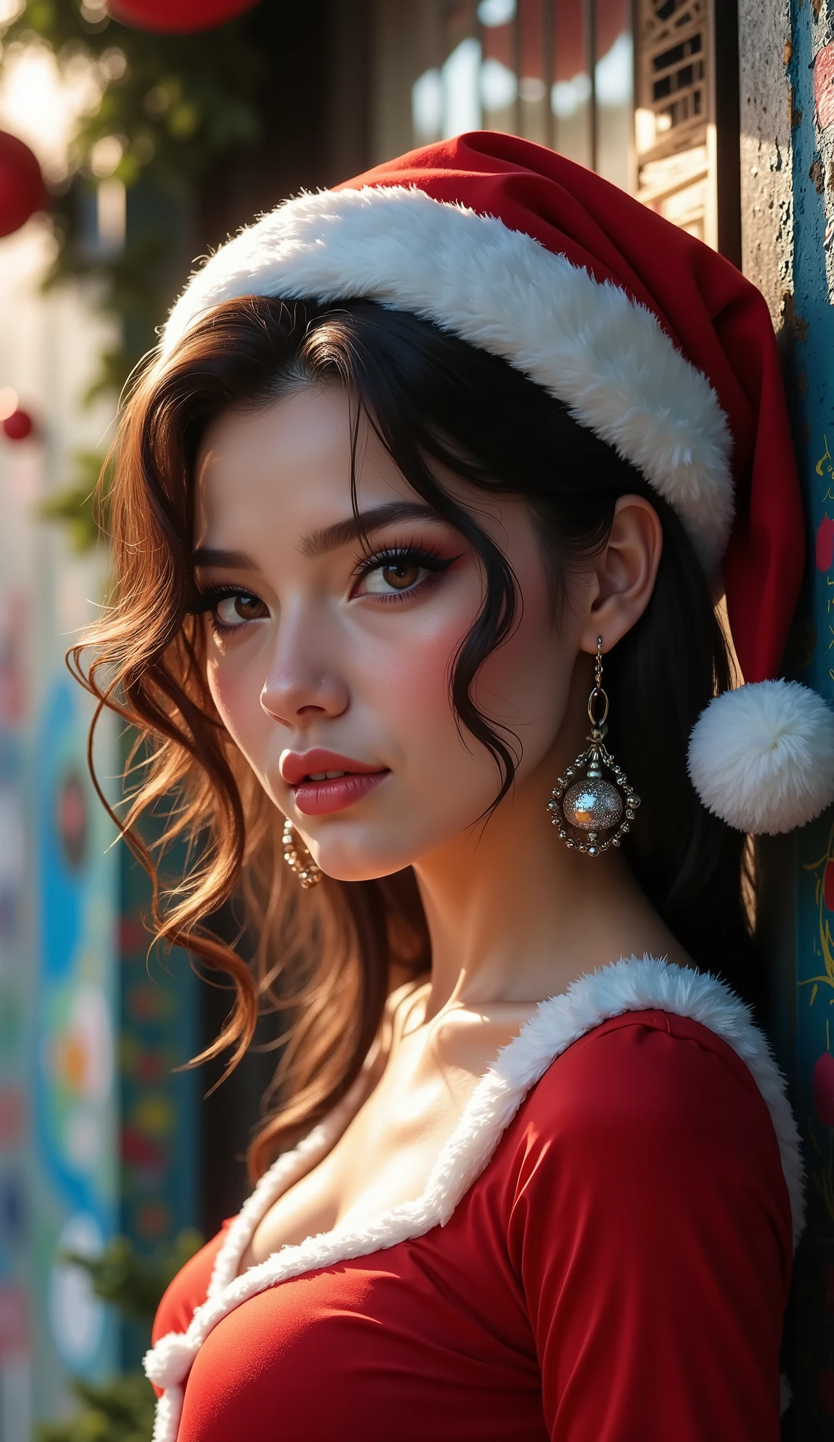 christmas situation, vibrant colors, sexy adult female santa, grafity art, cute christmas theme, beautiful detailed eyes, beautiful detailed lips, extremely detailed eyes and face, long eyelashes, photorealistic, hyper realistic, 8k, masterpiece, intricate details, dramatic lighting, warm color tones, dynamic composition, cinematic atmosphere, captivating expression, alluring pose, Xmas