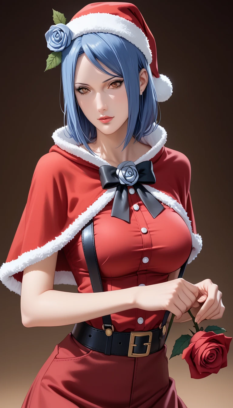 score_9,score_8_up,score_7_up,high res image,masterpiece,best quality,Delicate face,mature female,zmzq ,Expressiveh,figure,完美figure,The woman \(Naruto\),(blue hair, hair_ ornament , brown eyes,rose,hair_good,),(medium breasts:1.3),( capelet ,santa_costume,blouse,skirt,suspenders,:1.3),