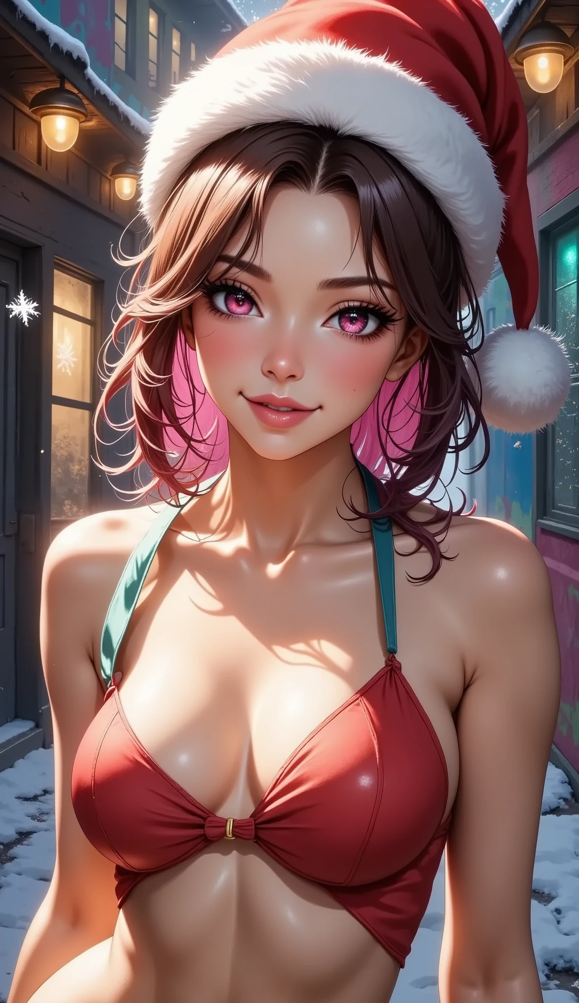 christmas situation, vibrant colors, sexy adult female santa, grafity art, cute christmas theme, beautiful detailed eyes, beautiful detailed lips, extremely detailed eyes and face, long eyelashes, photorealistic, hyper realistic, 8k, masterpiece, intricate details, dramatic lighting, warm color tones, dynamic composition, cinematic atmosphere, captivating expression, alluring pose