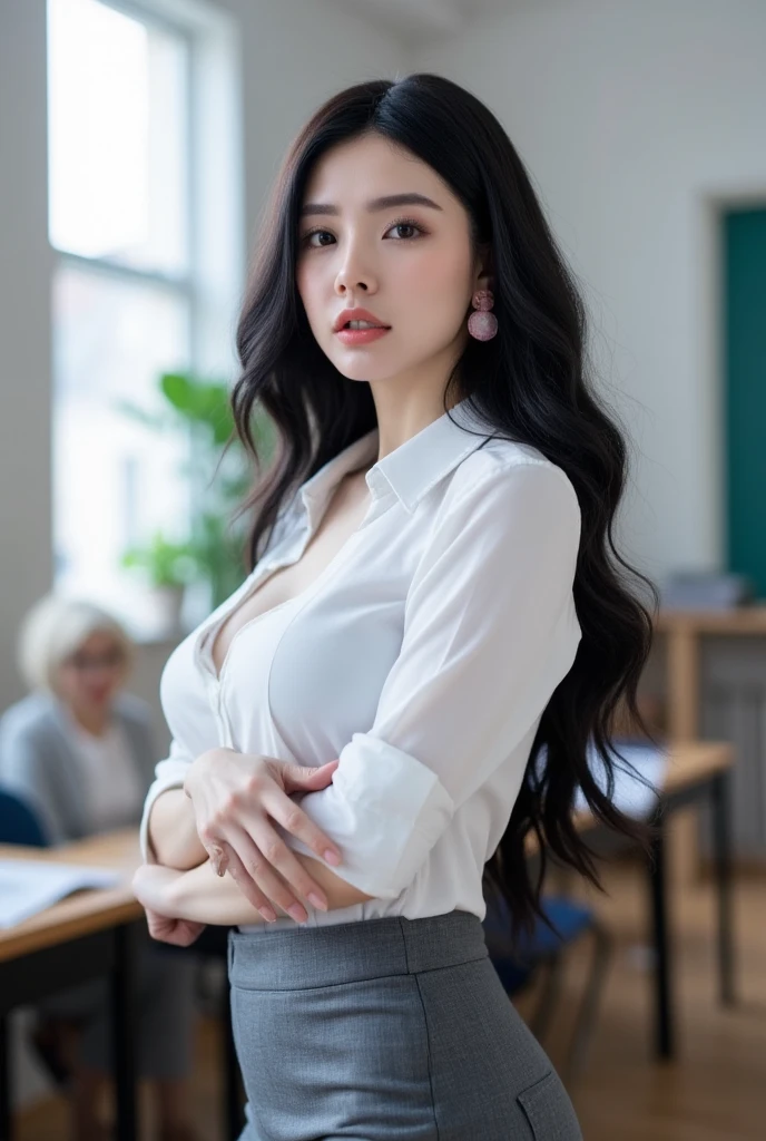 A young teacher woman with huge breasts stands confidently in the classroom, her elegantly bob cut styled hair a focal point amidst the soft glow of dramatic lighting. The camera captures her full figure, from the gleaming white blouse to the fitted pencil miniskirt, as she faces directly at the viewer with an air of authority. Flowy long hair cascades down her back like a dark waterfall, while the background remains softly focused, allowing her stunning features and intricate details to take center stage.