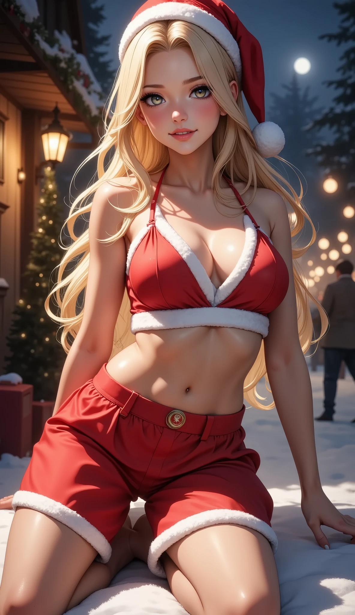 christmas situation, vibrant colors, sexy adult female santa, grafity art, cute christmas theme, beautiful detailed eyes, beautiful detailed lips, extremely detailed eyes and face, long eyelashes, photorealistic, hyper realistic, 8k, masterpiece, intricate details, dramatic lighting, warm color tones, dynamic composition, cinematic atmosphere, captivating expression, alluring pose