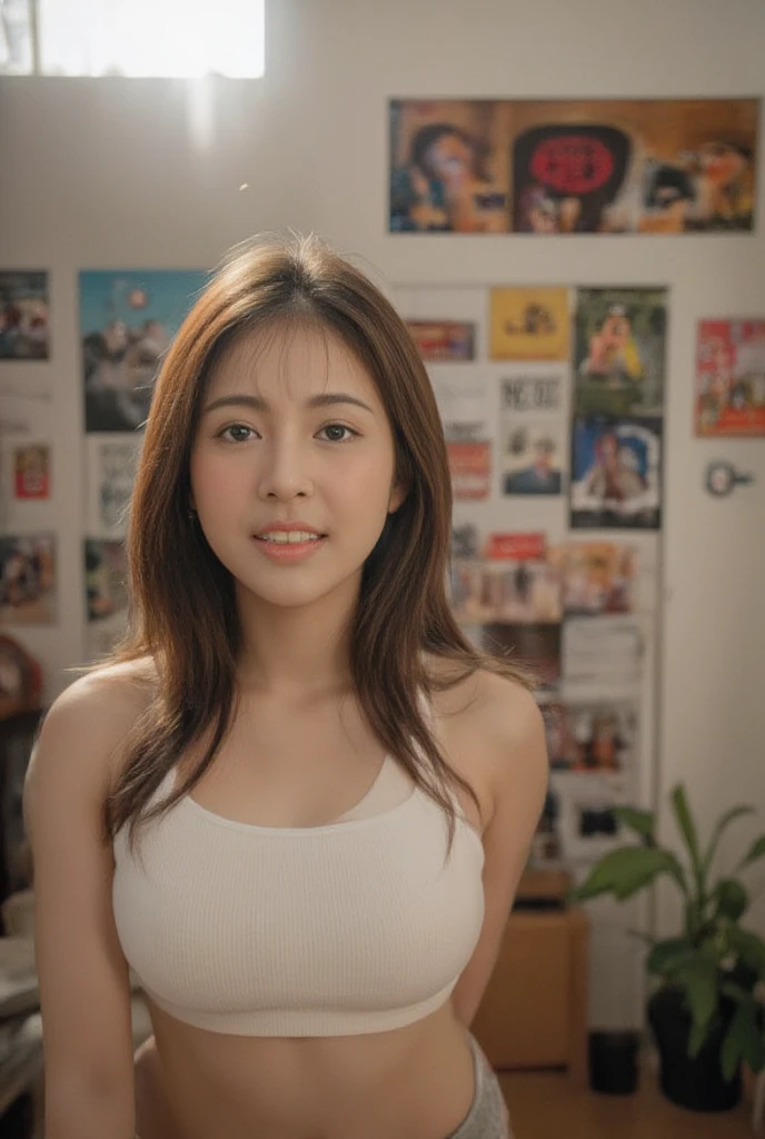  A young woman with long, dark hair and a radiant smile stands in a cozy, well-lit room. She is positioned in front of a large mirror, capturing her reflection with a smartphone. The room is adorned with a variety of colorful posters on the wall, each depicting different scenes and messages. A bookshelf filled with books and decorative items is visible in the background, along with a small potted plant that adds a touch of greenery to the space. The natural light streaming in through the window enhances the warm and inviting atmosphere of the room.