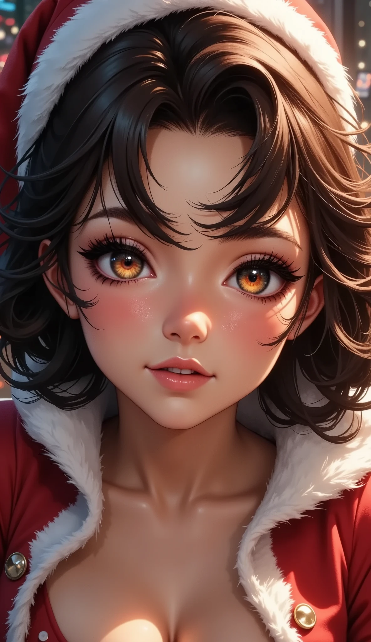 christmas situation, vibrant colors, sexy adult female santa, grafity art, cute christmas theme, beautiful detailed eyes, beautiful detailed lips, extremely detailed eyes and face, long eyelashes, photorealistic, hyper realistic, 8k, masterpiece, intricate details, dramatic lighting, warm color tones, dynamic composition, cinematic atmosphere, captivating expression, alluring pose, Xmas