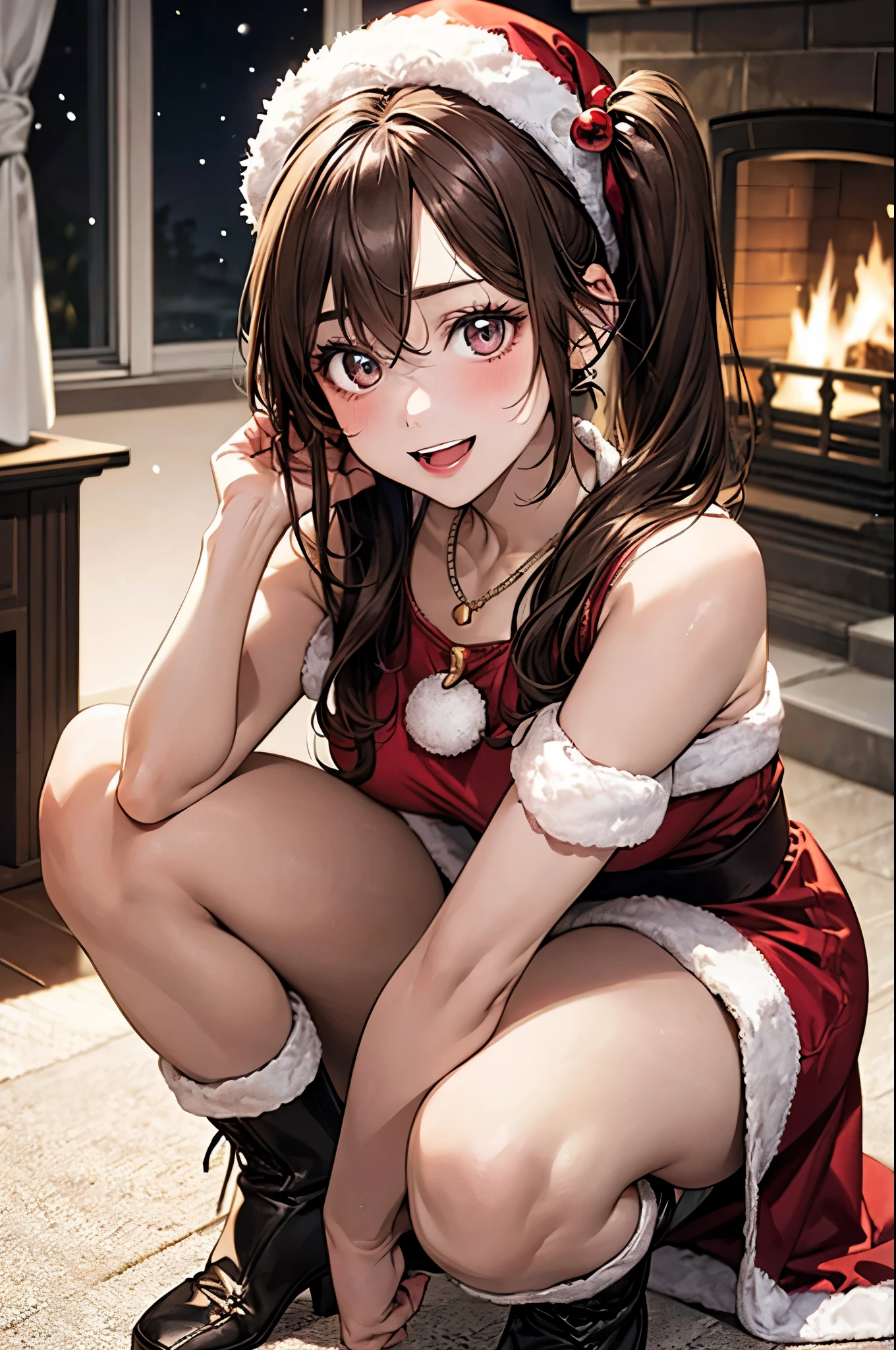 (masterpiece), (best quality), girl standing outside in the snow, wavy brown hair, red lingerie, open sweater, santa claus hat, smiling, sexy, perfect body, christmas lights, night