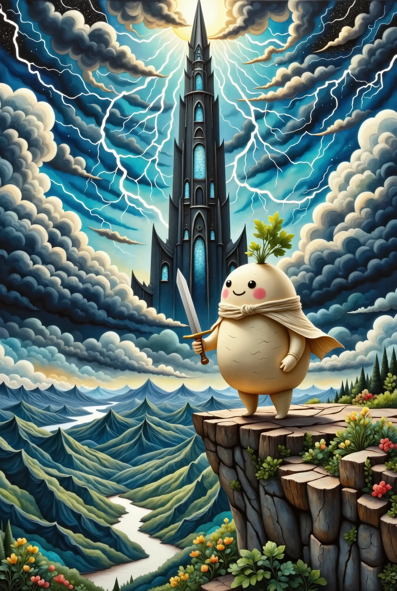 oil painting art , disaster々Shiny black tower , catches lightning and makes its silhouette emerge, Deep Valley , dark clouds can set in the sky , lightning falls many times from the dark clouds , (A long round daikon stands on top of a cliff with two legs, Daikon no Hero, back view:1.45, wearing a cloak , Holding a holy sword in a short hand , Looking at the tower)