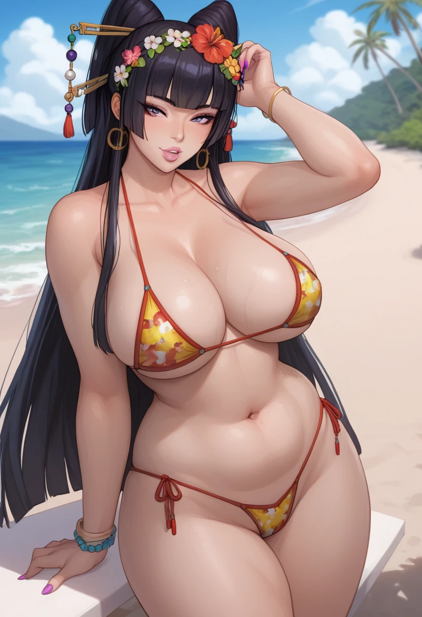 ((sexy girl ,gyaru)), Glamorous, voluptuous, beach, looking at the viewer, seductive expression, sexy swimsuit, black hair, belly button. DOAXVENUSANIMAGINEXL, Nyotengu(DOA), curvy, slim figure, posing, Asian woman, flower in hair, soft plump lips, almond shaped eyes, big breasts, small waist, big hips, swimsuit, fortune bikini, mommy, mature woman, tall, 