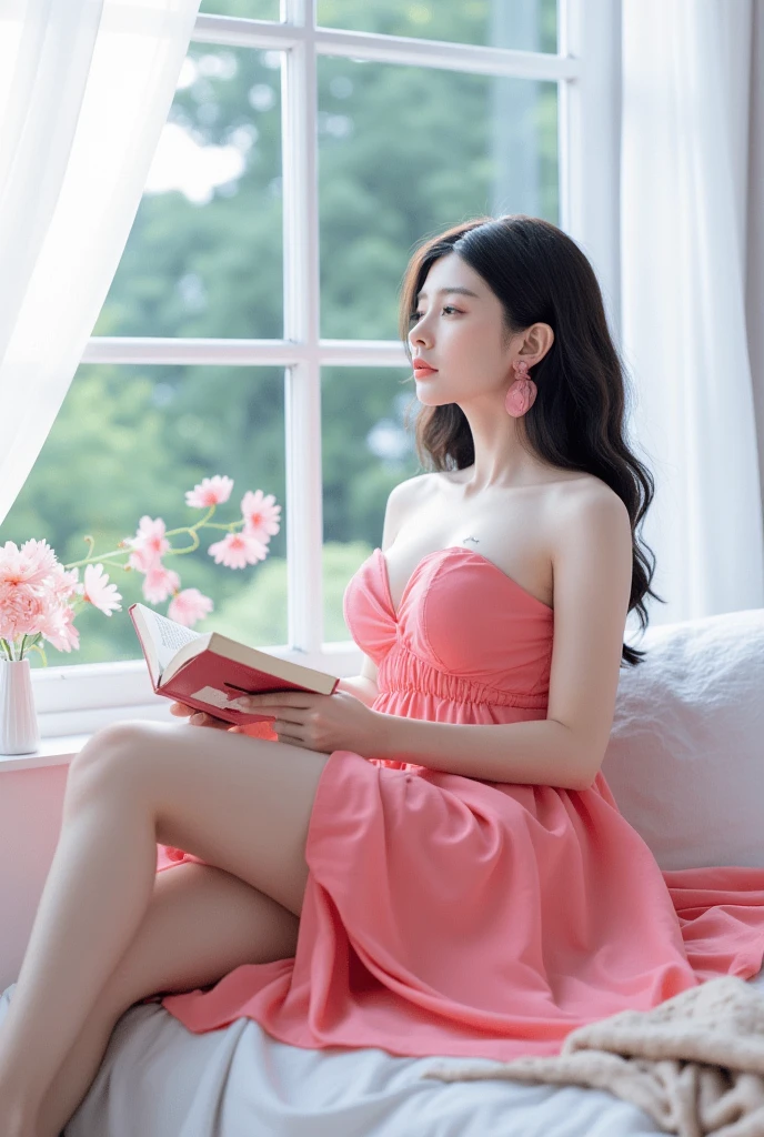 (photorealism:1.2), beautiful asian girl sitting in bed, wearing barbie frock,having book in one hand ,looking outside the window ,window is decorated with flowers