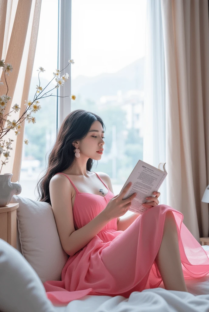 (photorealism:1.2), beautiful asian girl sitting in bed, wearing barbie frock,having book in one hand ,looking outside the window ,window is decorated with flowers