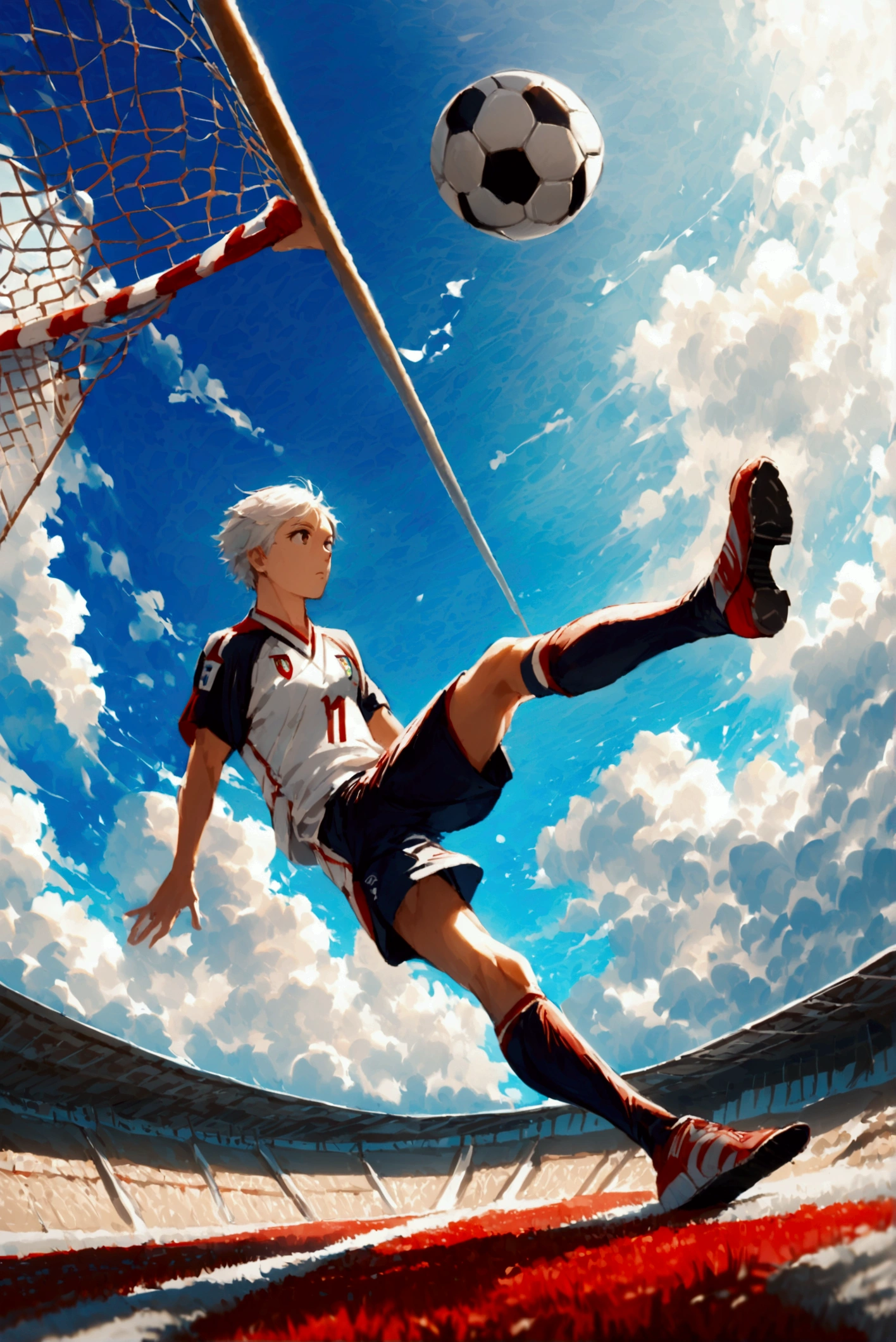 Make a white-haired and brown-eyed character wearing the clothes of the Japanese national team, performing an acrobatic movement in the air with his back to the ground and raising his kicking foot towards the ball, leading to a shot on goal.