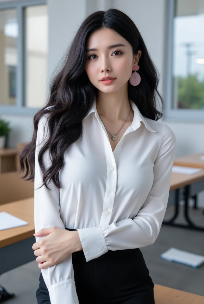 A young teacher woman with huge breasts stands confidently in the classroom, her elegantly bob cut styled hair a focal point amidst the soft glow of dramatic lighting. The camera captures her full figure, from the gleaming white blouse to the fitted pencil miniskirt, as she faces directly at the viewer with an air of authority. Flowy long hair cascades down her back like a dark waterfall, while the background remains softly focused, allowing her stunning features and intricate details to take center stage.