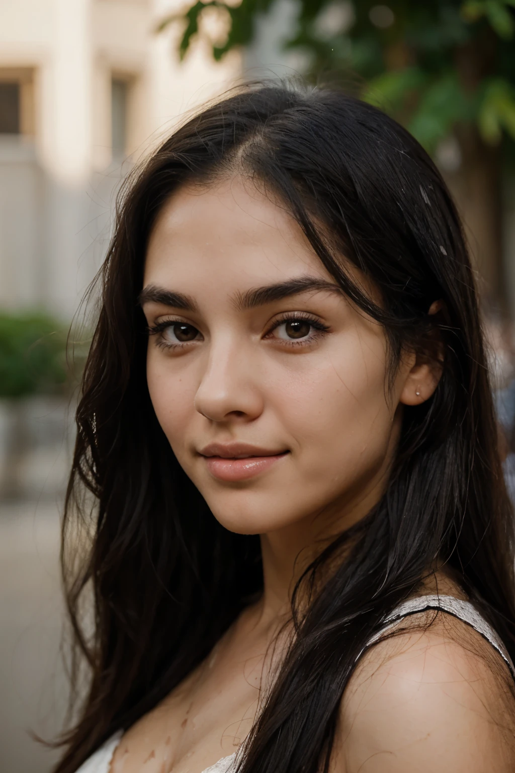 A photorealistic portrait of a young 21-year-old Moroccan woman with long black and wavy hair and almond and piercing maroon eyes.She must smile naturally. It must have a natural and welcoming expression, illuminated by street light. The background should be a picturesque outdoor setting, perhaps a sunny park or a beach. Capture this image with high-resolution photography using an 85mm lens for a flattering perspective, where you can see your whole body