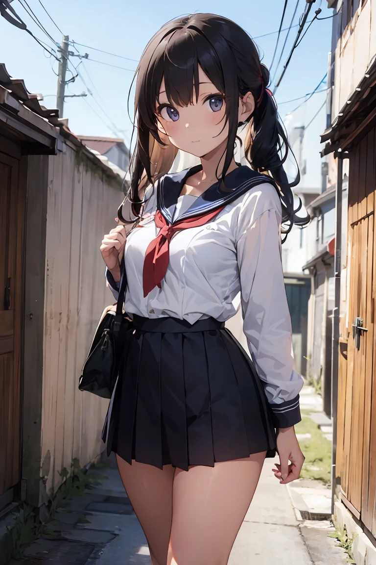 (a woman is hiding in the shadow), (((round face, drooping eyes, eyes realistic sizing))), hentai, ((navy sailor suit, pleated skirt, sailor scarf, white-socks, loafers)), (((incontinent, peeing, humiliated))), (((pee dripping from the crotch))), (((embarrassing))), outdoor, (angle from below),