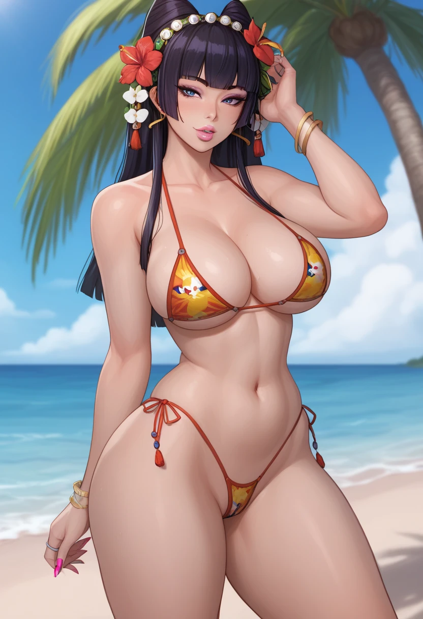 ((sexy girl ,gyaru)), Glamorous, voluptuous, beach, looking at the viewer, seductive expression, sexy swimsuit, black hair, belly button. DOAXVENUSANIMAGINEXL, Nyotengu(DOA), curvy, slim figure, posing, Asian woman, flower in hair, soft plump lips, almond shaped eyes, big breasts, small waist, big hips, swimsuit, fortune bikini, mommy, mature woman, tall, 