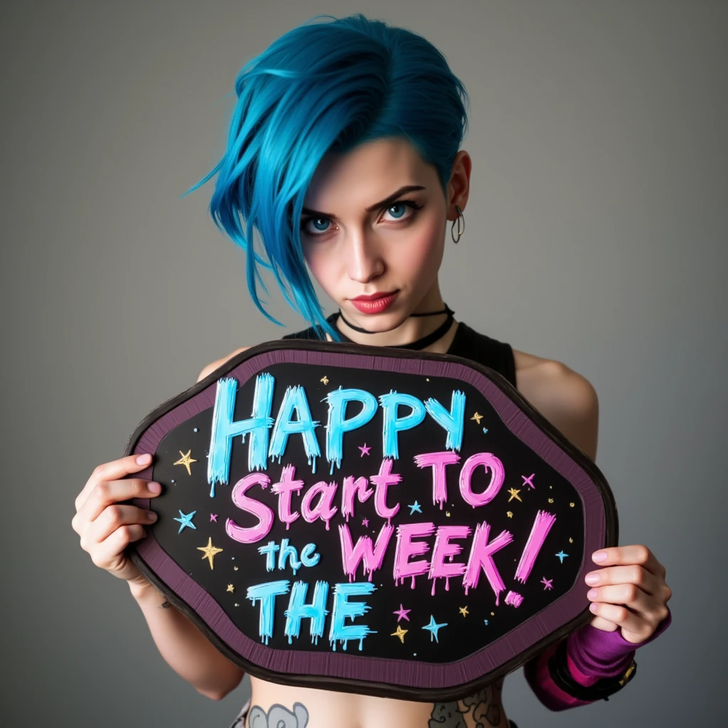 ultra realistic photo holding a sign that reads " Happy start to the week !"  in a great graffiti font ,  her short top shows her tattoos ,   long hair, (highest quality and ultra high definition image rendering:3),  Maximum image detail ,  realistic rendering maximum , ((( Ultra-realistic style ))),  realistic side lighting , , 8k high definition, realistic soft lighting
