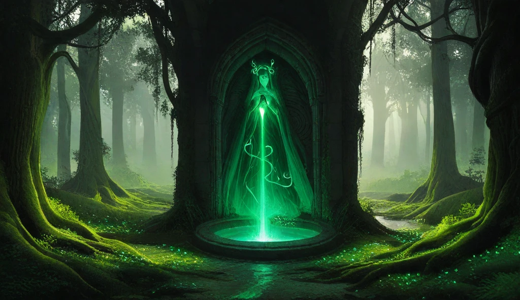 Create an illustration of a sacred fountain located in the heart of an enchanted forest, with a dark green and black color theme. The glowing fountain, shimmering with a soft green ethereal light, serves as the centerpiece, surrounded by intricate stone carvings, glowing mystical runes, and overgrown vines, adding to its ancient, magical allure. The dense forest is filled with lush trees, their branches heavy with glowing green leaves forming a thick canopy overhead. The forest floor is covered with dark moss, glowing magical symbols, and radiant plants, creating a mystical energy. A faint green mist drifts through the air, adding to the fairytale ambiance. From the fountain, the green glow extends upward, flowing along the tree trunks, illuminating them in a tall, glowing path, creating an eerie yet beautiful contrast of light and shadow. In the background, towering trees with glowing vines and spectral lights enhance the mysterious atmosphere. Subtle details like glowing runes etched into tree bark and faint silhouettes of mystical creatures hidden among the trees add depth and intrigue. The overall setting embodies dark magic, beauty, and the supernatural in a fairytale-like world.”