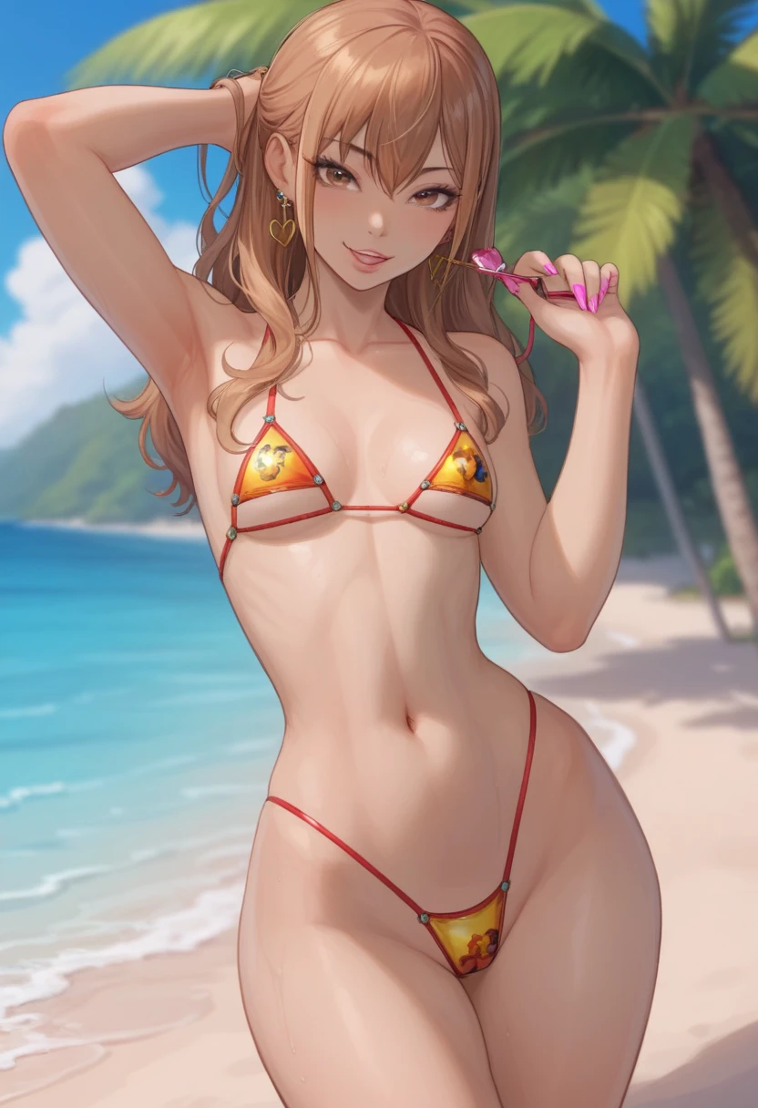 ((sexy girl ,gyaru)), glamorous, voluptuous, beach, looking at the viewer, seductive, sexy swimsuit, brown hair, slim waist, small waist, big hips, DOAXVENUSANIMAGINEXL, Misaki (DOA), curvy, slim, skinny, small breasts, tiny waist, Asian woman, petite, cute, youthful 