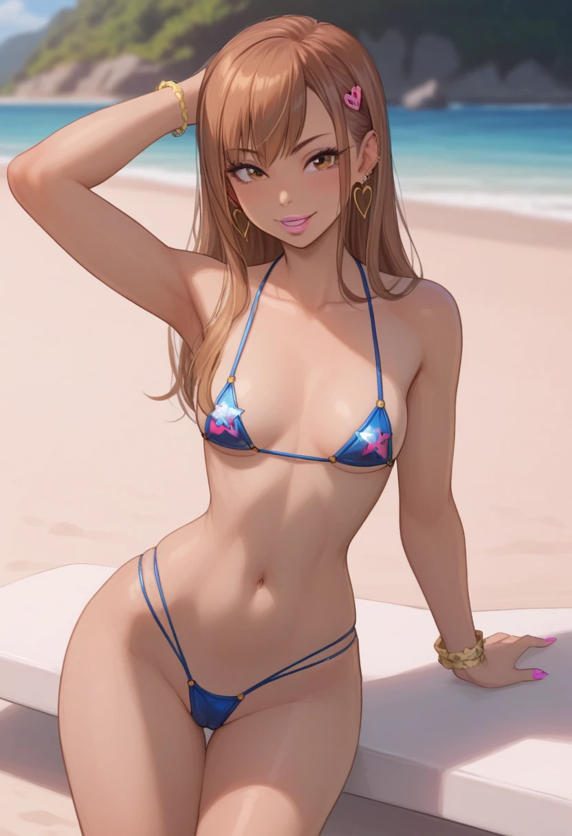 ((sexy girl ,gyaru)), glamorous, voluptuous, beach, looking at the viewer, seductive, sexy swimsuit, brown hair, slim waist, small waist, big hips, DOAXVENUSANIMAGINEXL, Misaki (DOA), curvy, slim, skinny, small breasts, tiny waist, Asian woman, petite, cute, youthful 