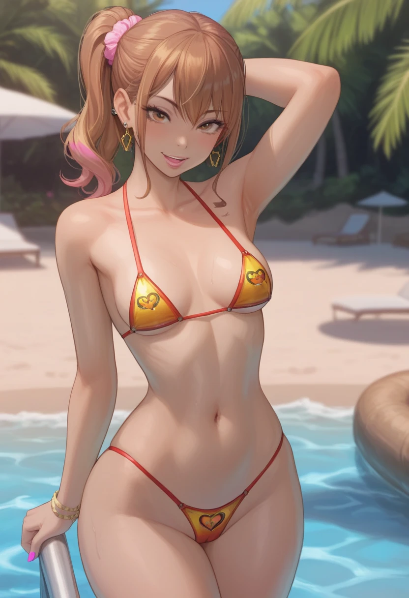 ((sexy girl ,gyaru)), glamorous, voluptuous, beach, looking at the viewer, seductive, sexy swimsuit, brown hair, slim waist, small waist, big hips, DOAXVENUSANIMAGINEXL, Misaki (DOA), curvy, slim, skinny, small breasts, tiny waist, Asian woman, petite, cute, youthful 