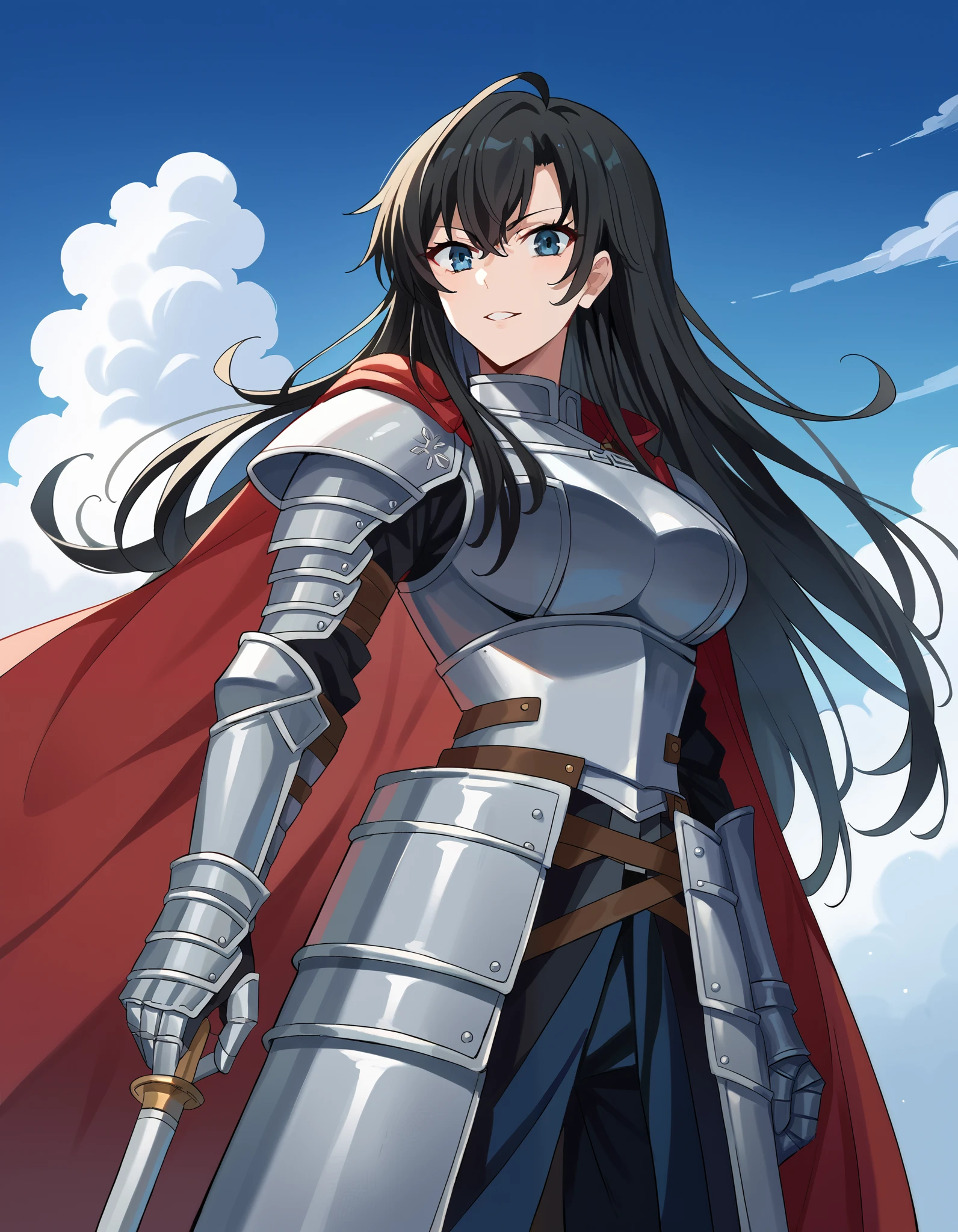 score_9, score_8_up, score_7_up, source_anime, yukino yukinoshita (Yukinoshita Yukino), yukino yukinoshita (Yukinoshita Yukino), long hair, , blue eyes, , ahoge, black hair, red ribbon, large breasts,, knight, armor, cape, , weapon, She reaches forward with a smile to help someone., shoulder armor, gauntlets, pauldrons, red cape,, blue sky, clouds, from below, parted lips, looking at viewer, badass