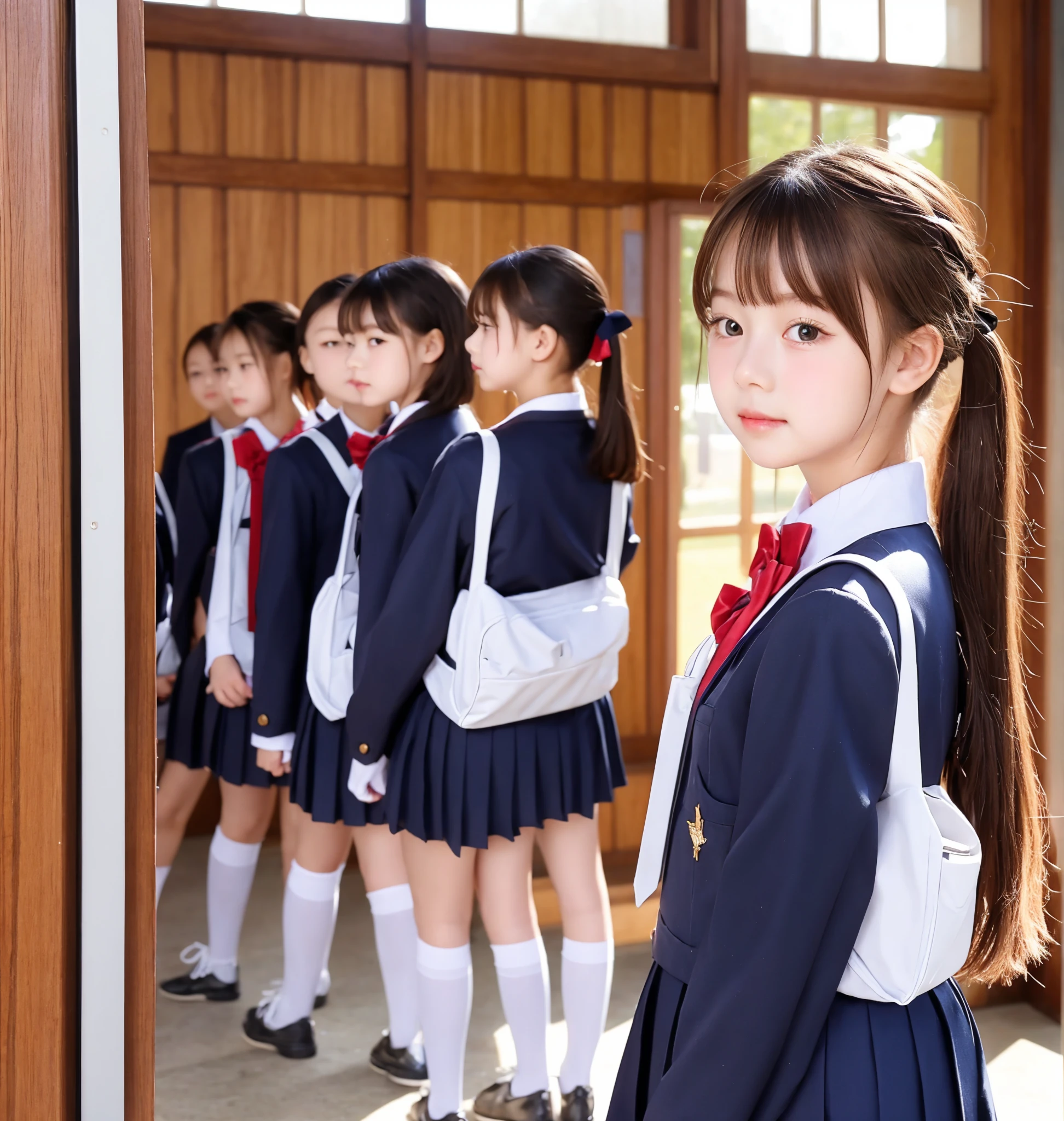  s,uniform,Line up quietly before entering the classroom, girl,cute, Masterpiece, Details