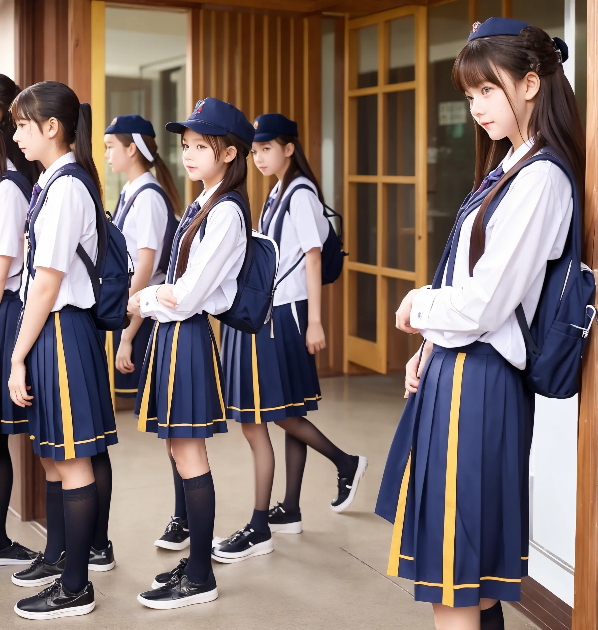  s,uniform,Line up quietly before entering the classroom, girl,cute, Masterpiece, Details