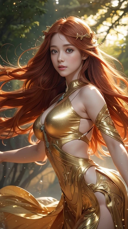 A red-haired girl with long, shimmering copper hair, fluttering in a light magical wind. Her eyes glow with a mysterious amber light, creating the feeling that she is looking through time and space. Her skin glows softly, as if covered with light golden dust. A mysterious aura of energy hovers around the girl, reminiscent of dancing tongues of flame, but cold and harmless. Her clothes are light and flowing, decorated with thin golden patterns. Behind the girl, a foggy, magical environment shimmers, with barely noticeable outlines of the starry sky and fairy-tale trees, as if from a parallel world.