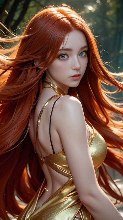 A red-haired girl with long, shimmering copper hair, fluttering in a light magical wind. Her eyes glow with a mysterious amber light, creating the feeling that she is looking through time and space. Her skin glows softly, as if covered with light golden dust. A mysterious aura of energy hovers around the girl, reminiscent of dancing tongues of flame, but cold and harmless. Her clothes are light and flowing, decorated with thin golden patterns. Behind the girl, a foggy, magical environment shimmers, with barely noticeable outlines of the starry sky and fairy-tale trees, as if from a parallel world.