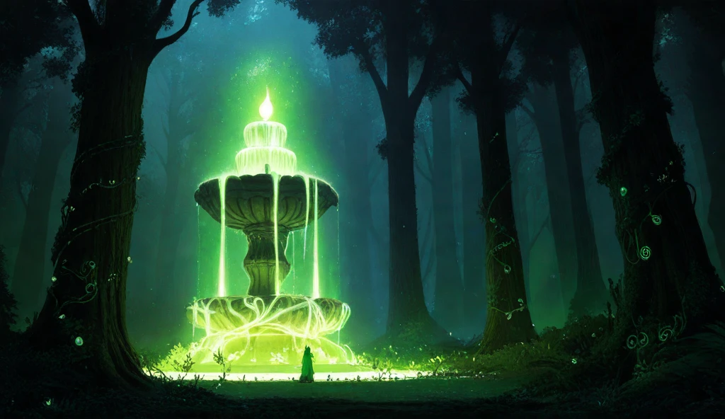 Create an illustration of a sacred fountain located in the heart of an enchanted forest, with a dark green and black color theme. The glowing fountain, shimmering with a soft green ethereal light, serves as the centerpiece, surrounded by intricate stone carvings, glowing mystical runes, and overgrown vines, adding to its ancient, magical allure. The dense forest is filled with lush trees, their branches heavy with glowing green leaves forming a thick canopy overhead. The forest floor is covered with dark moss, glowing magical symbols, and radiant plants, creating a mystical energy. A faint green mist drifts through the air, adding to the fairytale ambiance. From the fountain, the green glow extends upward, flowing along the tree trunks, illuminating them in a tall, glowing path, creating an eerie yet beautiful contrast of light and shadow. In the background, towering trees with glowing vines and spectral lights enhance the mysterious atmosphere. Subtle details like glowing runes etched into tree bark and faint silhouettes of mystical creatures hidden among the trees add depth and intrigue. The overall setting embodies dark magic, beauty, and the supernatural in a fairytale-like world.”