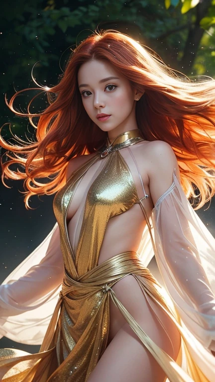 hyper realistic of a stunning woman, long red hair, dressed in clear transparent fiberglass cloth golden micro bikini. beautiful breasts , H cup breasts, ,art mucha style background, The image should be realistic and high-definition, with a fantasy-inspired theme, medium body shot .,photorealistic ,fantastic, lighting soft
