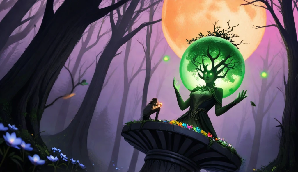 A dark, mystical forest with twisted, gnarled trees surrounding a glowing, levitating green orb or pedestal in the center of the scene. The forest has an eerie, enchanted atmosphere with a misty, ethereal quality, featuring bright, colorful flowers and a full moon in the background 