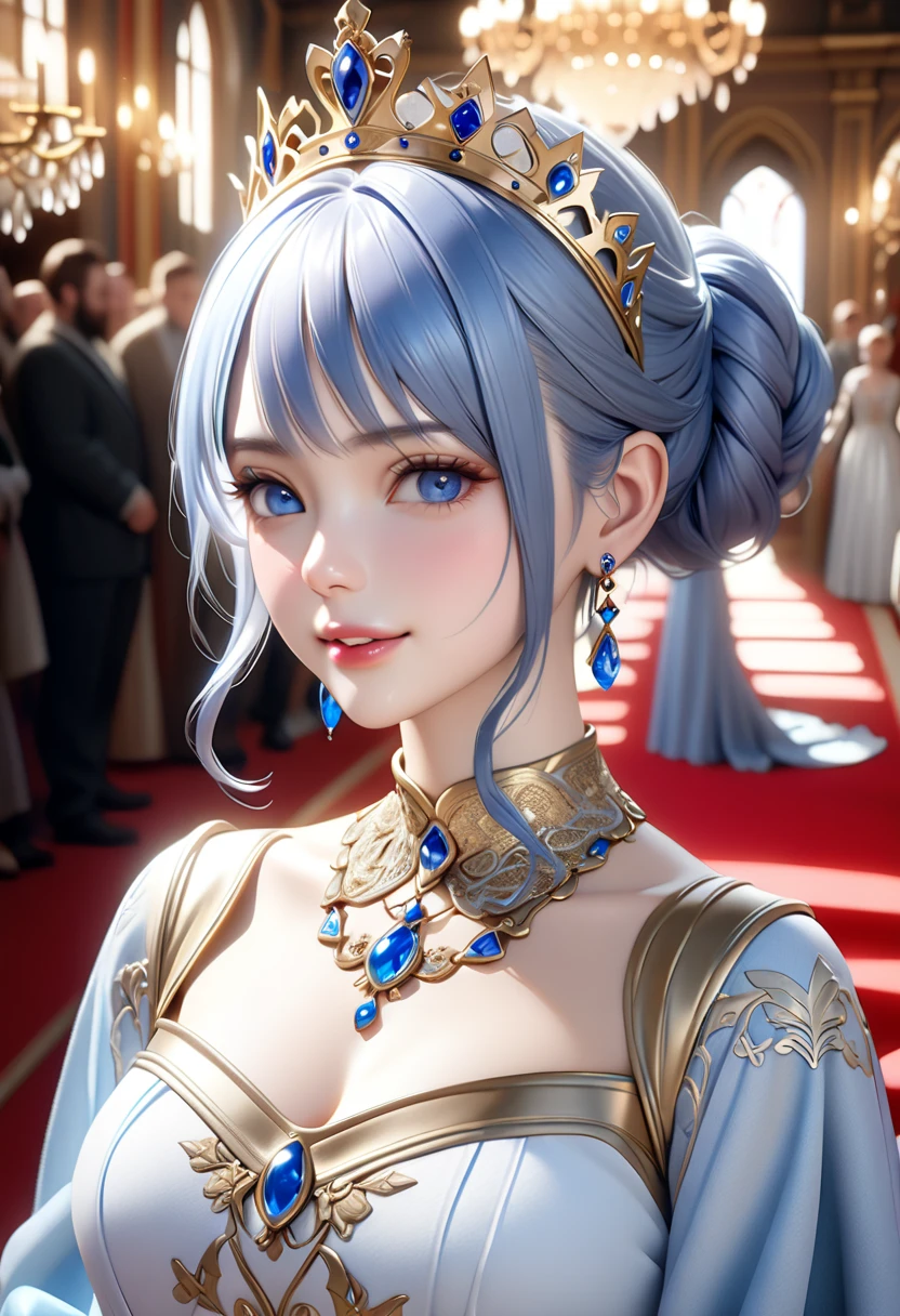 Create an image of Princess Adanna standing on a grand balcony overlooking her kingdom. She has a pensive expression as she gazes at the stars twinkling in the night sky. The palace should be majestic with intricate details and warm lighting.