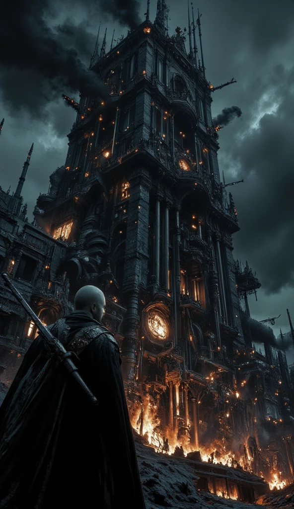 3D render of a man with a huge thick sword on his back, staring at a tall black building at night. The man is very close to the camera. The building is emitting ominous light from below, with huge pipes and structures letting out steam. The structure of the build is so massive that the ground structure of massive pipes extends to the area where the man is standing. The night sky is bright but full of clouds. The color is bright and sharp, with ample light to show the details of the man's sword and the building's facade.