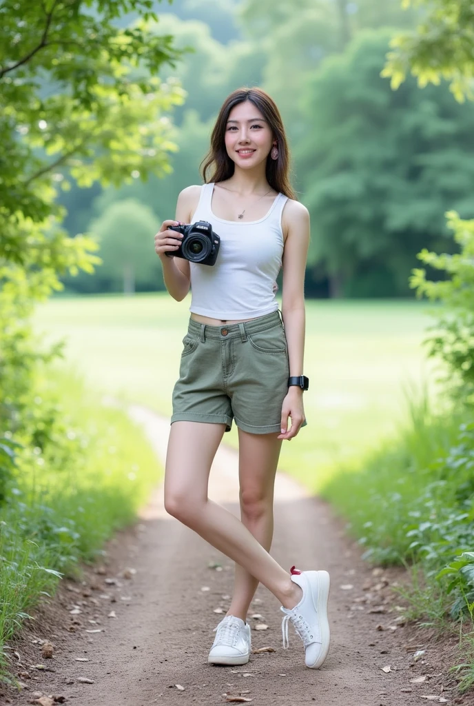 A front-facing portrait of a beautiful 18-year-old woman with sharp facial features, high cheekbones, a pointed nose, and a well-defined jawline, showcasing an athletic and toned figure, large breasts, wide hips. She has brown hair tied in a ponytail and brown eyes. She wears summer clothing: shorts, a tank top, and sneakers, as she stands at the edge of a forest approaching a meadow. She holds a DSLR camera with a 50mm lens in her hand, and an Apple Watch on her wrist, ready to take pictures, with a wide smile showing excitement for the photography prospects. The background features lush greenery and an open meadow, with sunlight filtering through the trees, capturing a natural, vibrant outdoor setting.