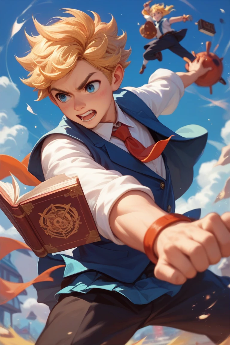 Shotacon Anime blonde haired boy as a apprentice mage in a Japanese school weaing japanese school uniform holding books during a magical epic fight