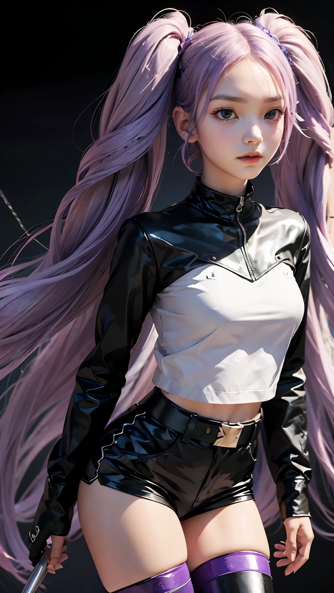 Best Quality, Ultra High Resolution, Cute, (KPOP Idol), (Long Twintail), (Light Purple Hair:1), ((Big Eyes)), Looking at you,
BREAK ((upper body:1.3)), Front View,A character with long, flowing silver hair and a slender build, wearing a black and white outfit that includes thigh-high boots and gloves. The character is in a dynamic pose surrounded by ethereal purple crystals and energy,
The character is in a dynamic pose surrounded by ethereal purple crystals and energy,A character with long, flowing purple hair, wearing a metallic top and black shorts with thigh-high boots. The outfit includes straps and belts, giving it a futuristic or fantasy style. The character is in a dynamic pose with radiant light or energy surrounding them, set against a minimalistic abstract background,