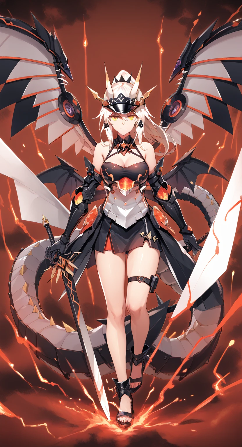 anime - style painting of a woman with a sword and armor, demon anime girl, best anime 4k konachan wallpaper, anime monster girl, with hellish devil wings, white horns queen demon, demon girl, infernal nymph!!!, demoness, dragon girl, pixiv, from arknights, digital art on pixiv, of a ramlethal valentine, ponytail, full body shot