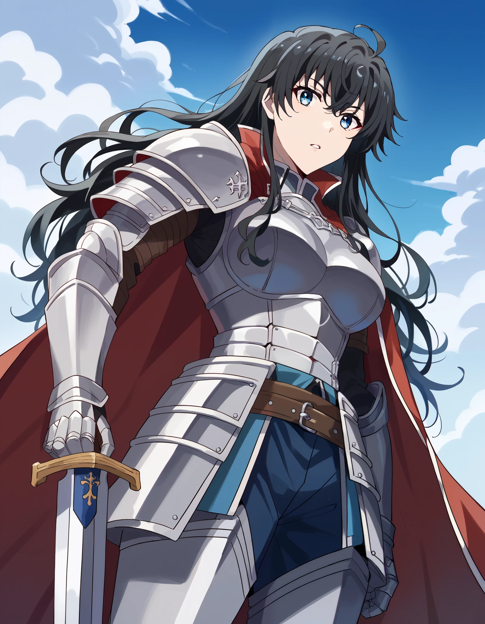 score_9, score_8_up, score_7_up, source_anime, yukino yukinoshita (Yukinoshita Yukino), yukino yukinoshita (Yukinoshita Yukino), long hair, , blue eyes, , ahoge, black hair, red ribbon, large breasts,, knight, armor, cape, sword, weapon, holding weapon, shoulder armor, gauntlets, pauldrons, red cape,, blue sky, clouds, from below, parted lips, looking at viewer