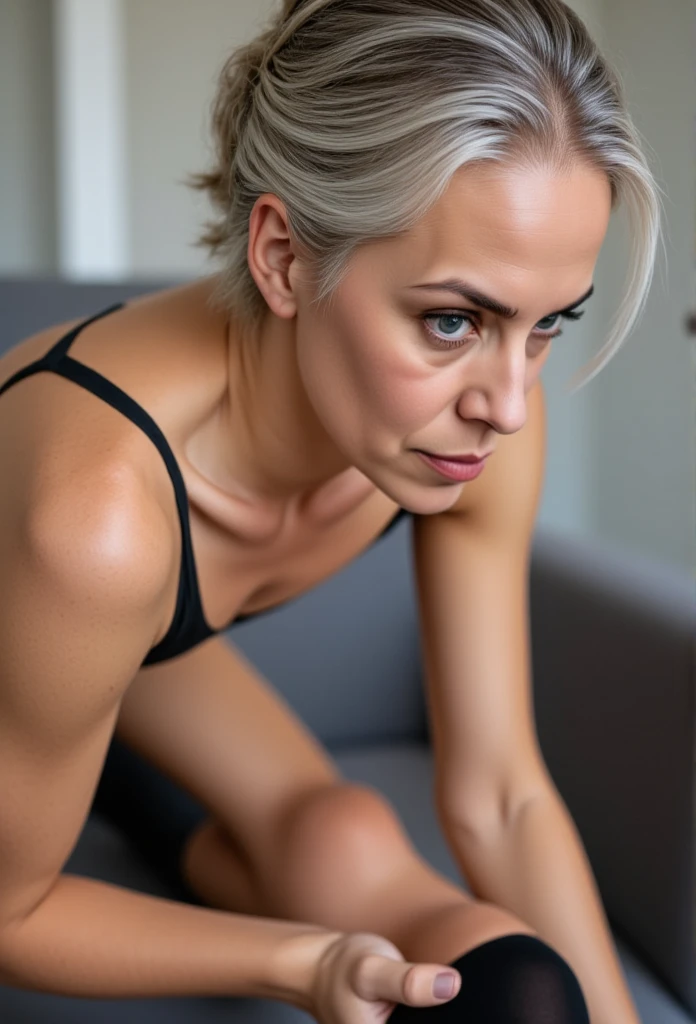 a beautiful mature woman in her 60s, salt and pepper hair, wearing a little black dress, standing with one foot on a chair while adjusting a black hold-up stocking. High dynamic range, vivid, rich details, sharp shadows and highlights, realistic, intense, enhanced contrast, highly detailed, wide depth of field, deep depth of field, 35mm photography, film