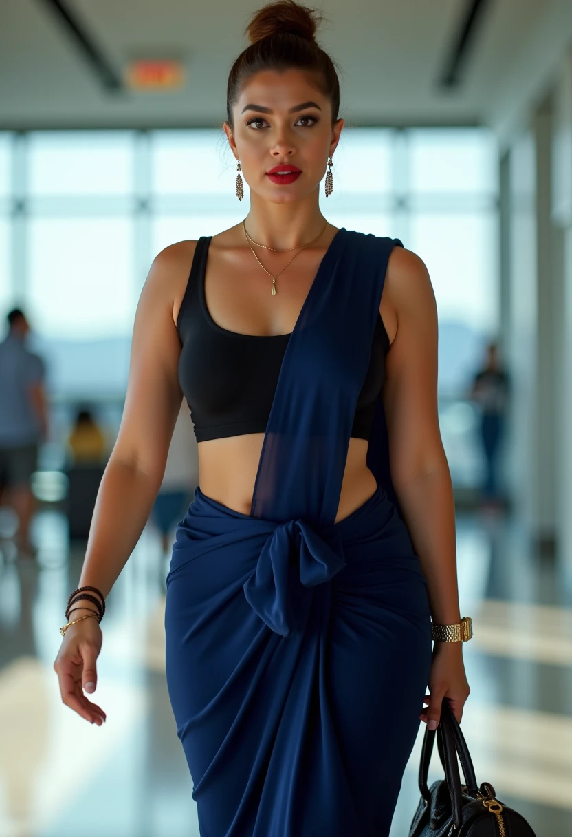  Navy blue saree and black sleeveless blouse, busty body, hair bun, fit and busty woman, showing navel visible in saree, sexy navel, walking in airport, bright sunny day, sunrays penetrating, airport back ground, carrying hand bag in right hand, laeather watch, bindi in forehead, earrings, sexy makeup, navel exposed in saree, tight body, curvy body, red lips, attractive woman, 8k details