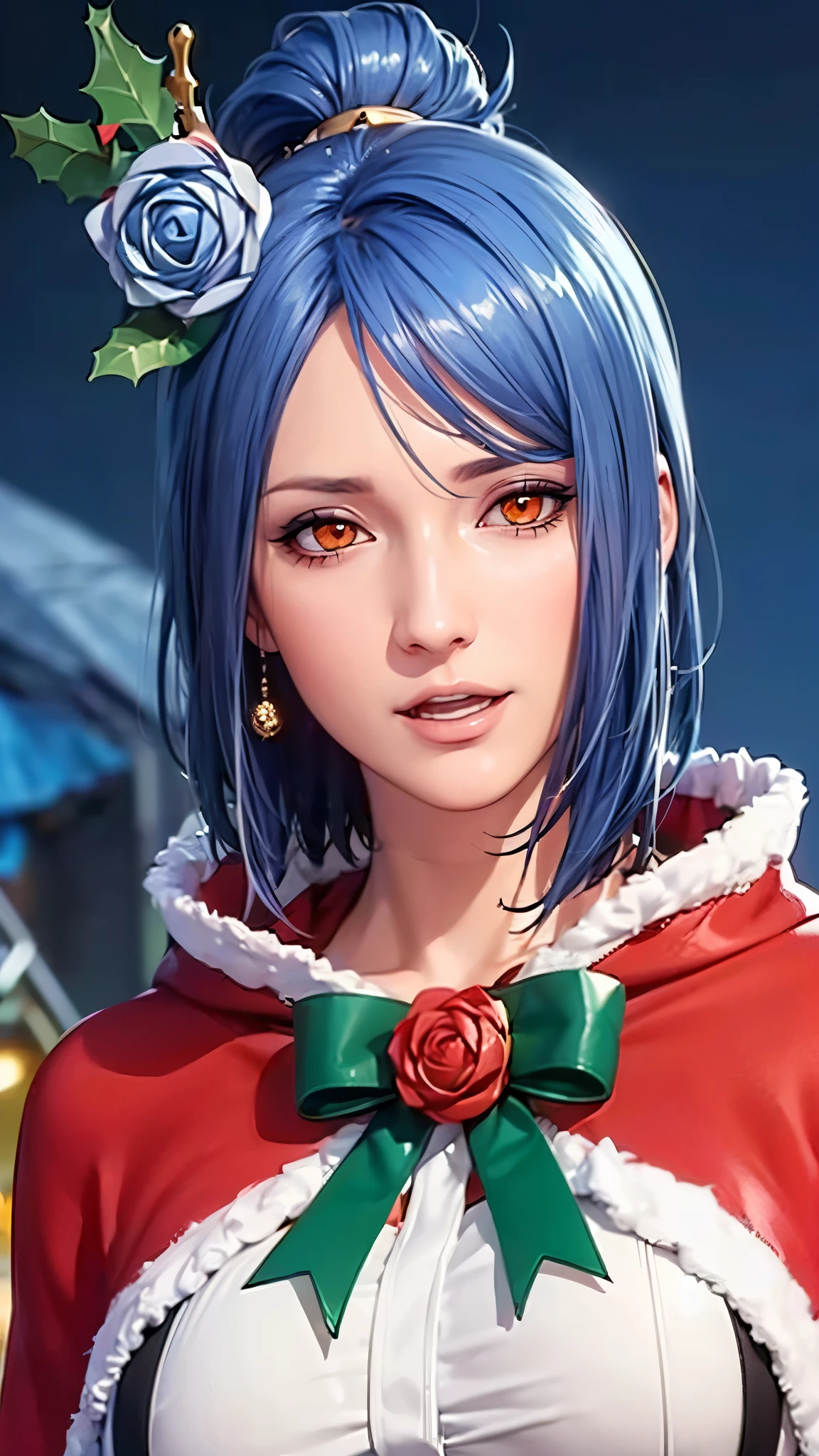 score_9,score_8_up,score_7_up,high res image,masterpiece,best quality,Delicate face,mature female,zmzq ,Expressiveh,figure,完美figure,The woman \(Naruto\),(blue hair, hair_ ornament , brown eyes,rose,hair_good,:1.4),(medium breasts:1.3),( capelet ,santa_costume,white blouse,skirt,suspenders,:1.3),(shanty town/Slum,christmas_tree,night,:1.2),(:d:1.3),